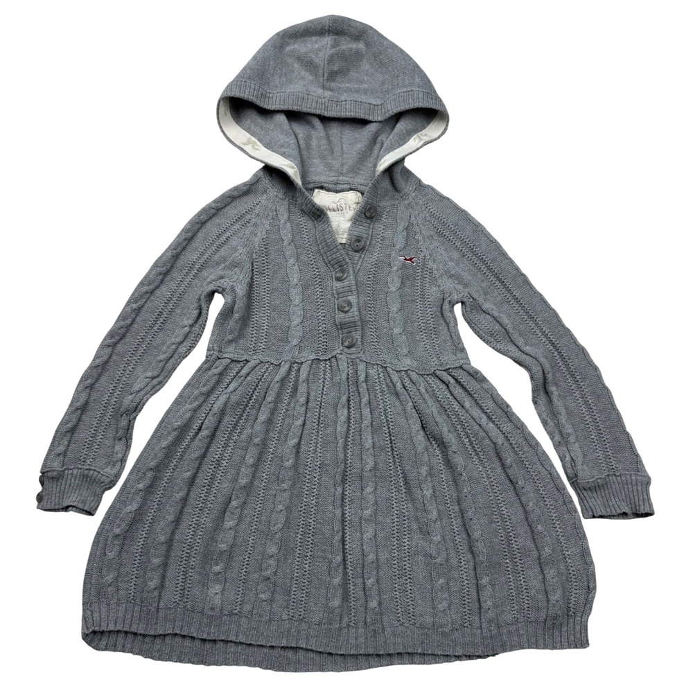 VTG Y2K Hollister Gray Cable Knit Babydoll Hooded Henley Sweater XS Coquette
